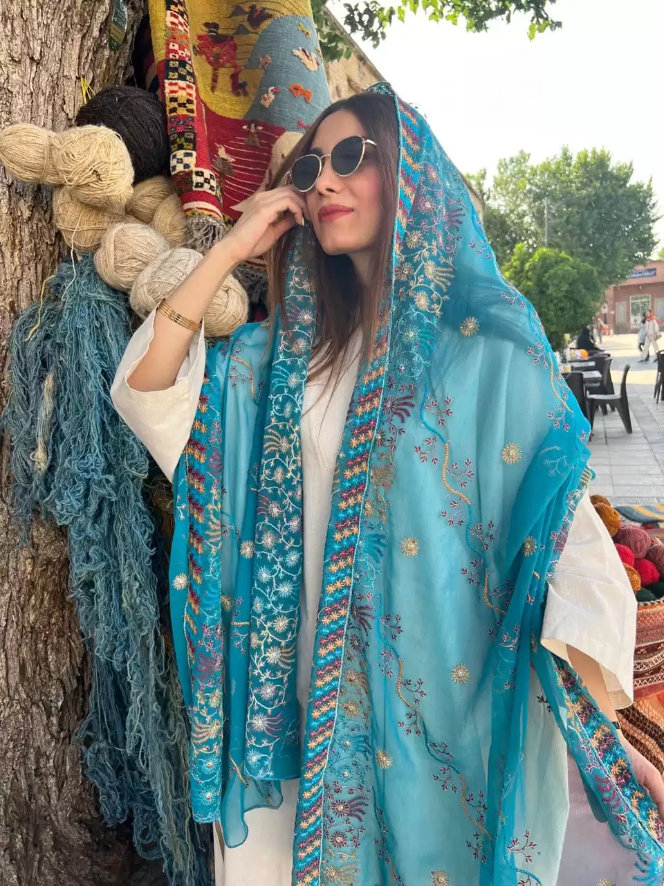 شال هندی آبی فیروزه