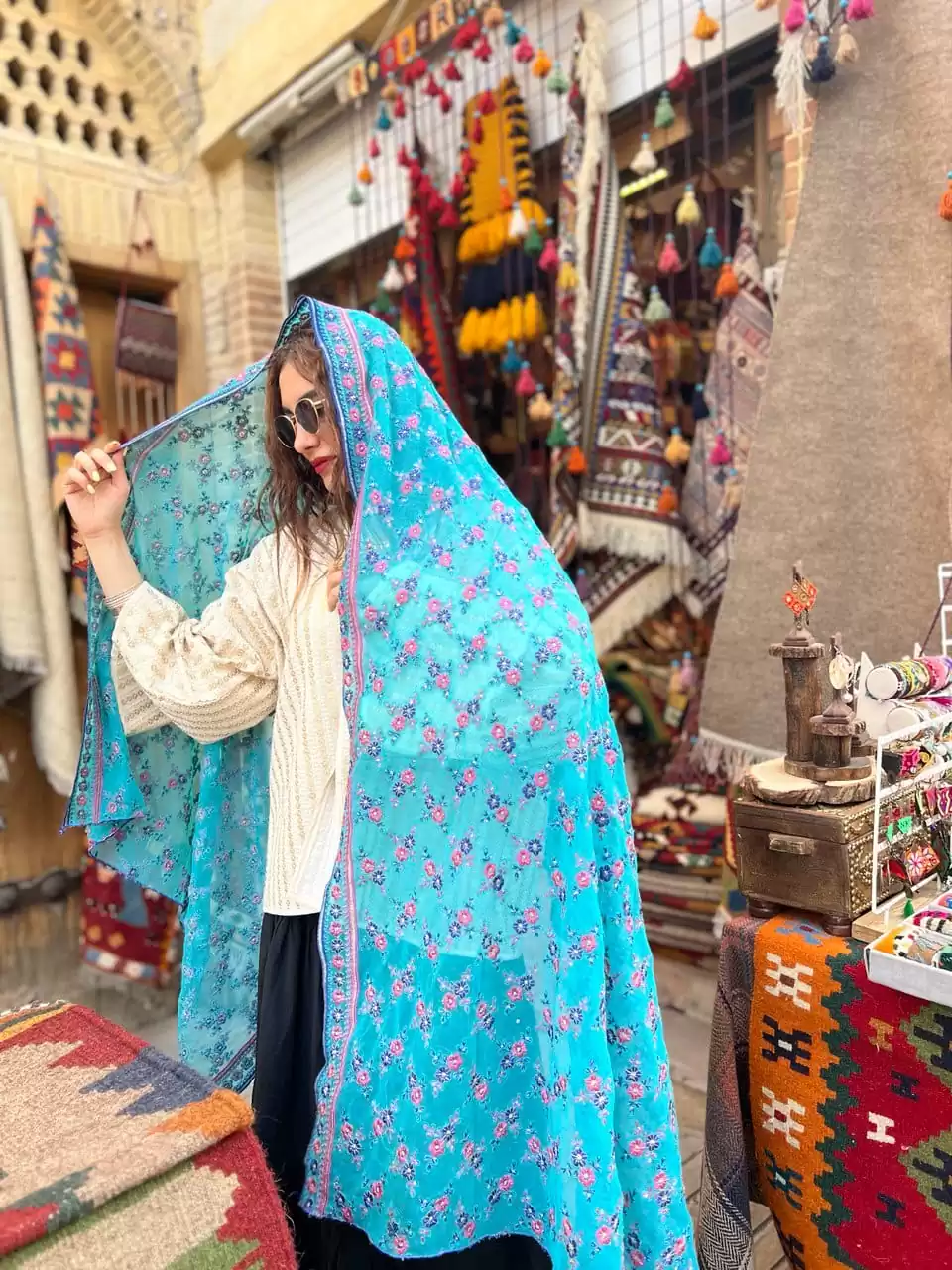 شال هندی آبی فیروزه - Image 3