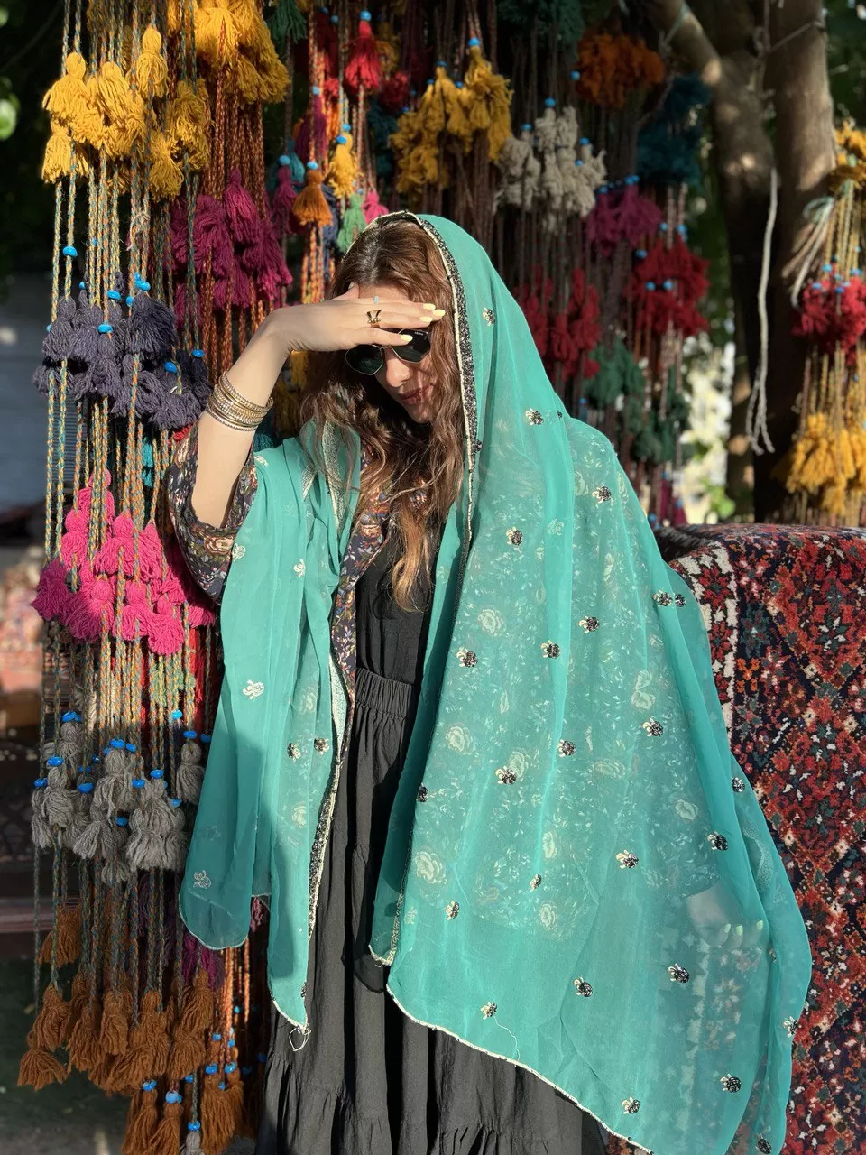 شال هندی سبز آبی - Image 2